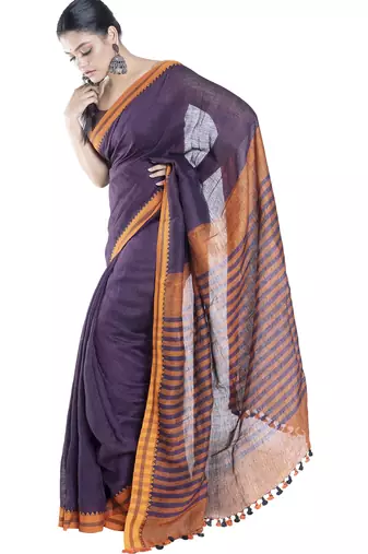 wine handloom linen saree with contrasting border and pallu