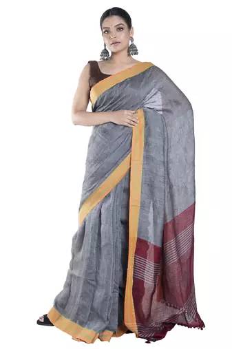 dusky grey handloom linen saree with contrasting border and pallu