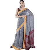 dusky grey handloom linen saree with contrasting border and pallu