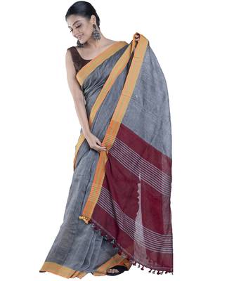 dusky grey handloom linen saree with contrasting border and pallu 2