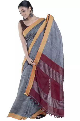 dusky grey handloom linen saree with contrasting border and pallu