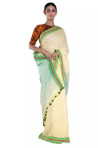 cappuccino handloom linen saree with green border pallu