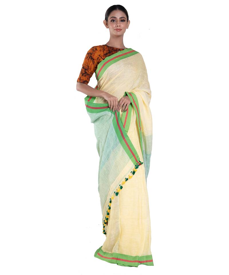 cappuccino handloom linen saree with green border pallu