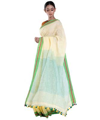 cappuccino handloom linen saree with green border pallu 2