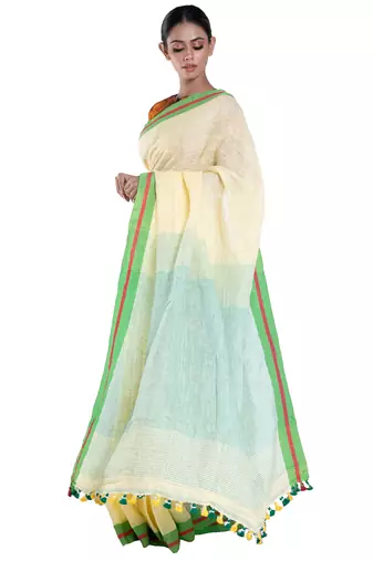 cappuccino handloom linen saree with green border pallu