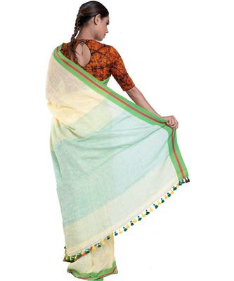 cappuccino handloom linen saree with green border pallu 3