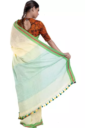 cappuccino handloom linen saree with green border pallu
