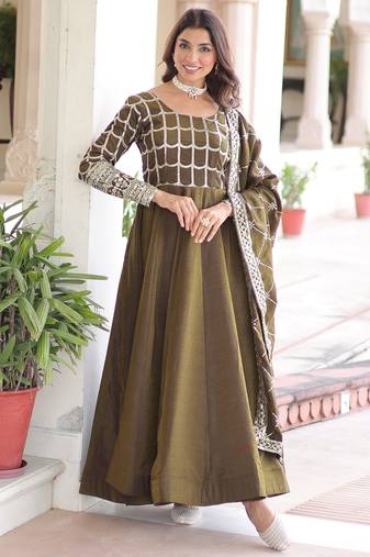 Dazzling Green Zari Embroidered Silk Festival Wear Gown With Dupatta