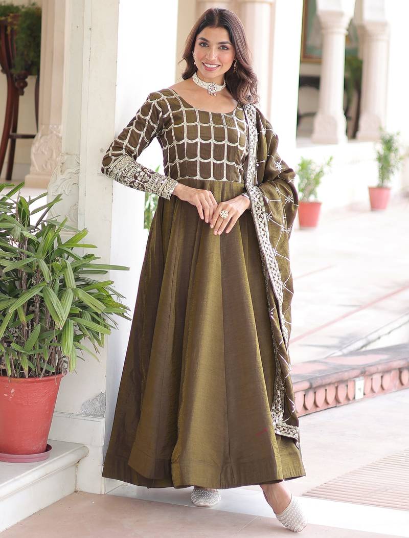Dazzling Green Zari Embroidered Silk Festival Wear Gown With Dupatta