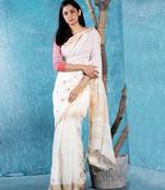 ivory handloom linen saree with magenta booti and golden border