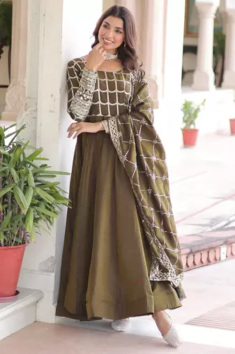 Dazzling Green Zari Embroidered Silk Festival Wear Gown With Dupatta