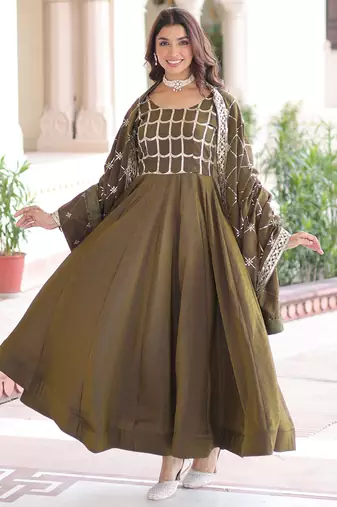 Dazzling Green Zari Embroidered Silk Festival Wear Gown With Dupatta