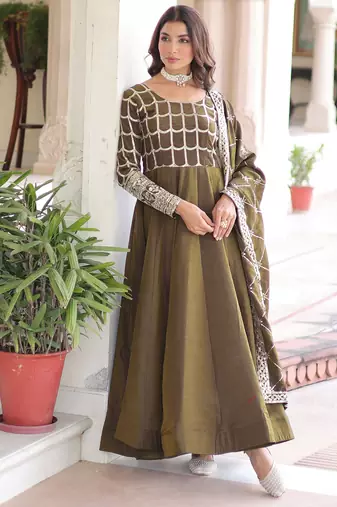 Dazzling Green Zari Embroidered Silk Festival Wear Gown With Dupatta