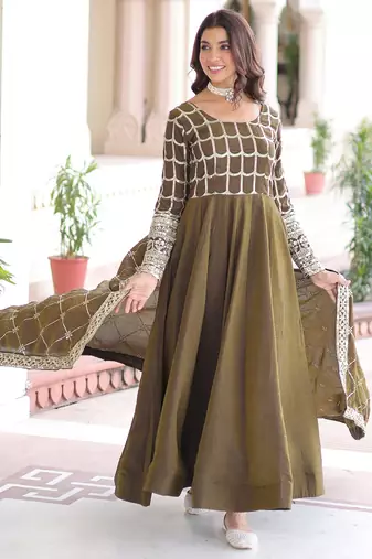 Dazzling Green Zari Embroidered Silk Festival Wear Gown With Dupatta