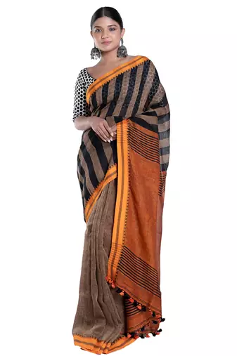 sunset brown handloom linen saree with striped pallu