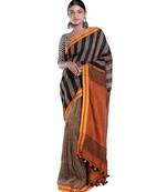 sunset brown handloom linen saree with striped pallu