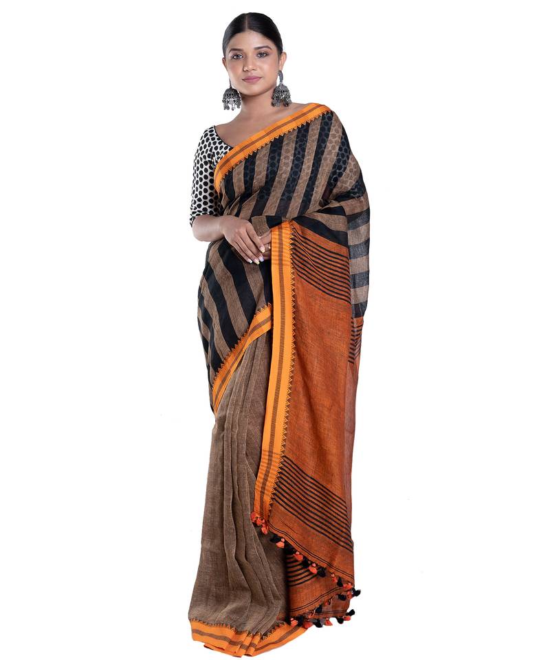 sunset brown handloom linen saree with striped pallu