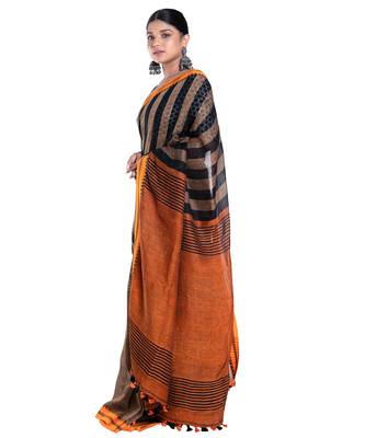 sunset brown handloom linen saree with striped pallu 2