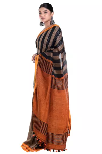sunset brown handloom linen saree with striped pallu
