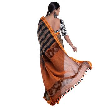 sunset brown handloom linen saree with striped pallu 3