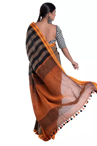 sunset brown handloom linen saree with striped pallu