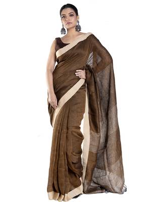 coffee brown handloom linen saree with tonal palla 1