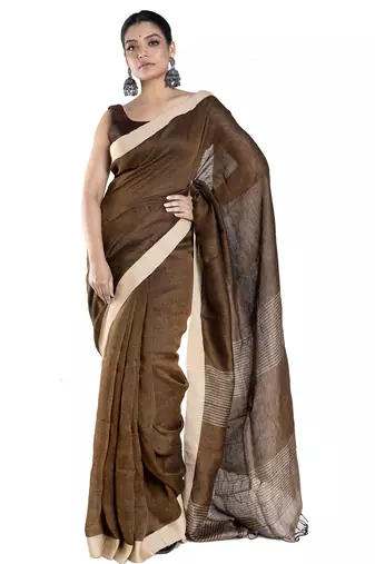 coffee brown handloom linen saree with tonal palla