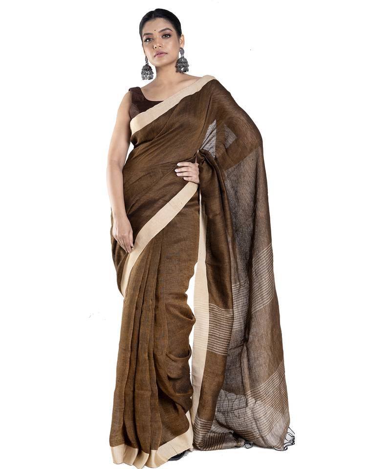 coffee brown handloom linen saree with tonal palla