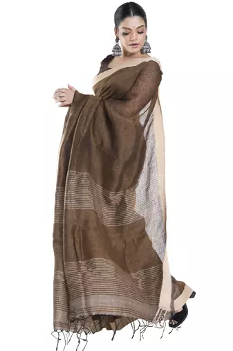 coffee brown handloom linen saree with tonal palla