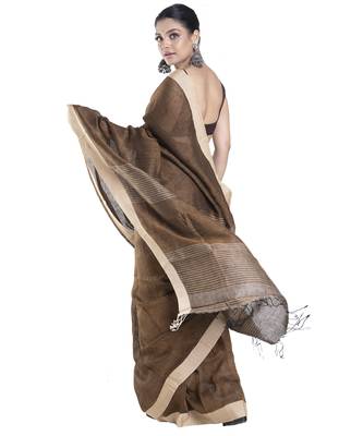 coffee brown handloom linen saree with tonal palla 3