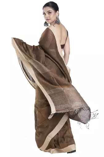coffee brown handloom linen saree with tonal palla
