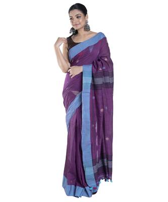 handloom cotton saree blended wine with temple blue border 1