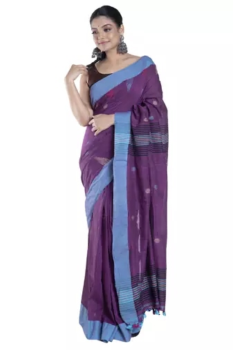handloom cotton saree blended wine with temple blue border