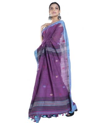 handloom cotton saree blended wine with temple blue border 2