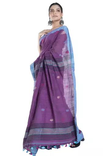 handloom cotton saree blended wine with temple blue border