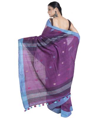 handloom cotton saree blended wine with temple blue border 3