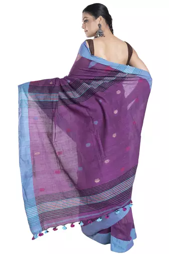 handloom cotton saree blended wine with temple blue border