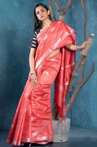 blended cotton sarees coral slub silk blend with chanderi motifs