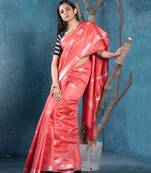 blended cotton sarees coral slub silk blend with chanderi motifs