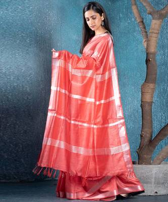 blended cotton sarees coral slub silk blend with chanderi motifs 2