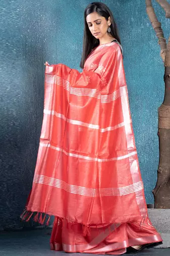 blended cotton sarees coral slub silk blend with chanderi motifs