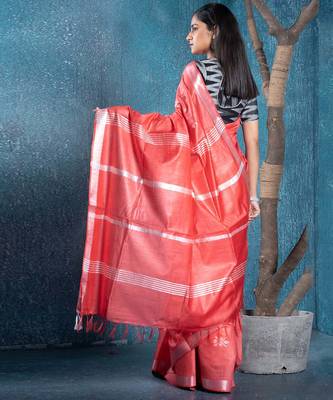 blended cotton sarees coral slub silk blend with chanderi motifs 3