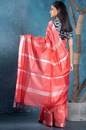 blended cotton sarees coral slub silk blend with chanderi motifs
