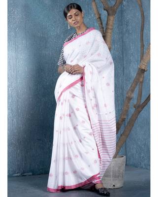 offwhite silk blend slub blended cotton saree with motifs and shibori pallu 1