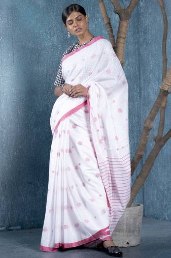 offwhite silk blend slub blended cotton saree with motifs and shibori pallu