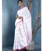 offwhite silk blend slub blended cotton saree with motifs and shibori pallu