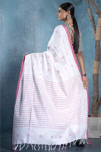 offwhite silk blend slub blended cotton saree with motifs and shibori pallu