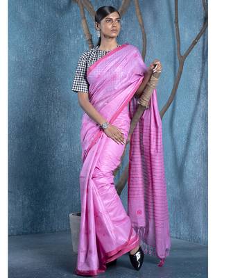 baby pink silk blend slub blended cotton saree with pink motifs 1