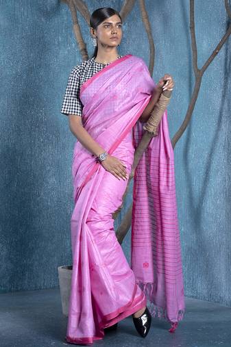 baby pink silk blend slub blended cotton saree with pink motifs