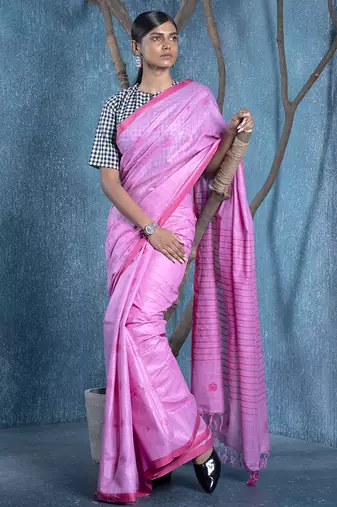 baby pink silk blend slub blended cotton saree with pink motifs